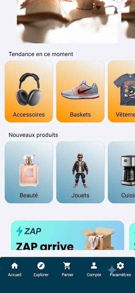 Écran d'accueil de l'application ZAP, avec les produits tendance et nouveautés