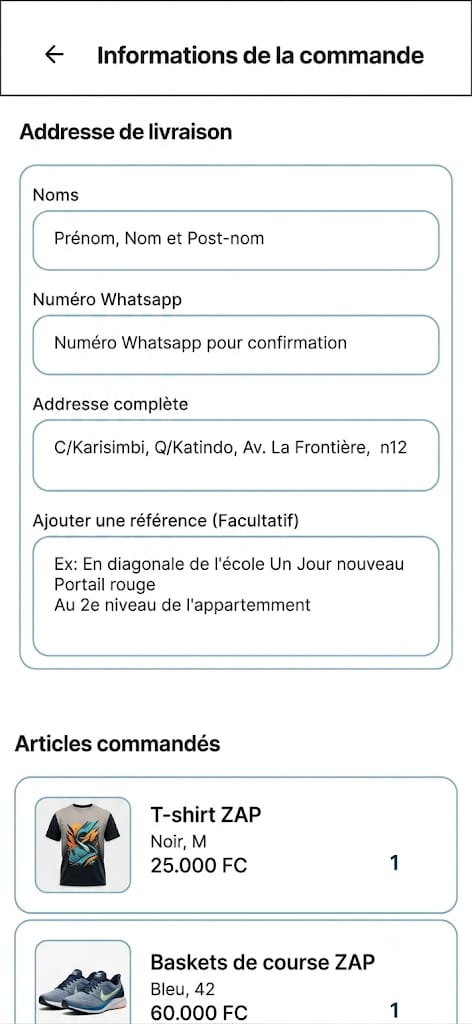 Écran de commande ZAP avec adresse de livraison et articles commandés