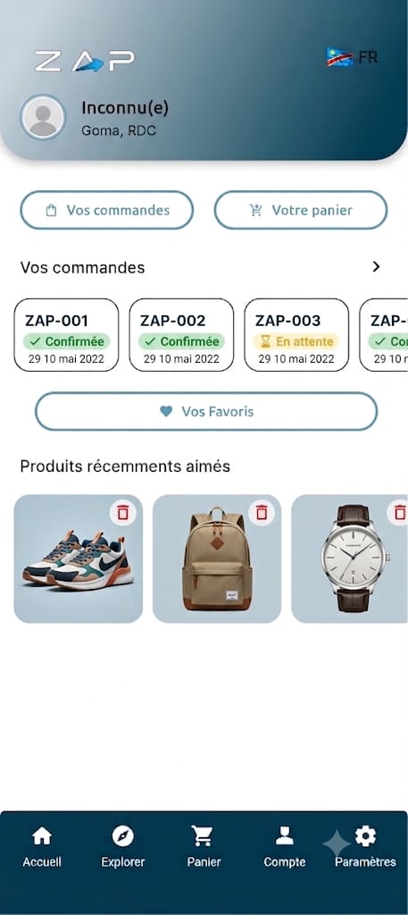 Écran de compte ZAP, avec le suivi des commandes et les favoris