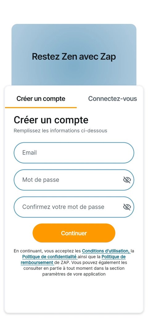 Écran de connexion et création de compte de l'application ZAP