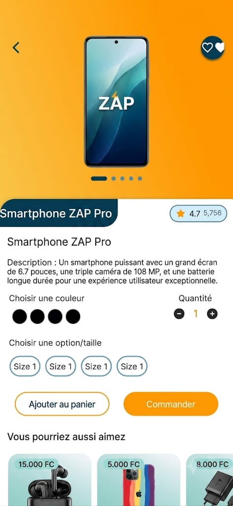 Fiche produit ZAP avec description, options et bouton commander