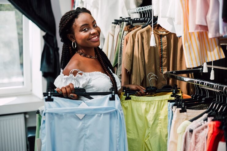 Vendeuse dans sa boutique de vêtements, entourée de ses portants